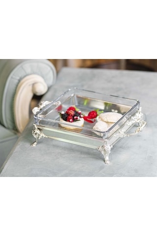 Gümüş Kaplama Sunumluk Kare Kapaklı Camlı Kumlu Doku