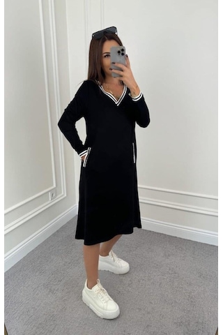Kadın Uzun Kollu V Yakalı Şerit Detaylı Cepli Midi Viskon Iki Iplik Elbise Siyah