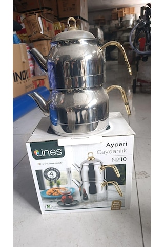 Lines Ayperi L-3040 Mega Boy Çaydanlık No:10 Paslanmaz Çelik Büyük Boy Çaydanlık Takımı 2.5 L + 4.5 L Gold Saplı Krom