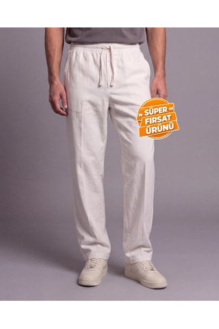 DefyModa Erkek Rahat Kalıp Keten Pantolon Beyaz