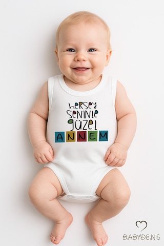 Babyden's Her Şey Seninle Güzel Annem Yazılı %100 Pamuk Kolsuz Çıtçıtlı Body Zıbın Unisex Beyaz