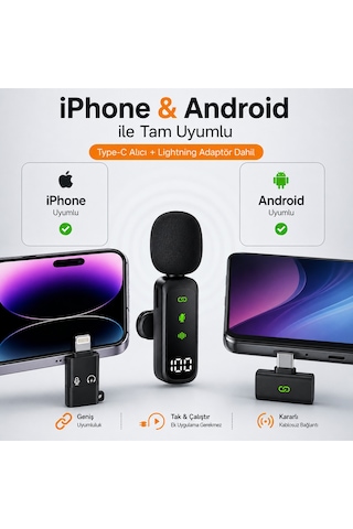 Kablosuz Yaka Mikrofonu Type-c + Lightning Uyumlu İphone & Android Tak Çalıştır Gürültü Azaltma Airmic Ry-wm01