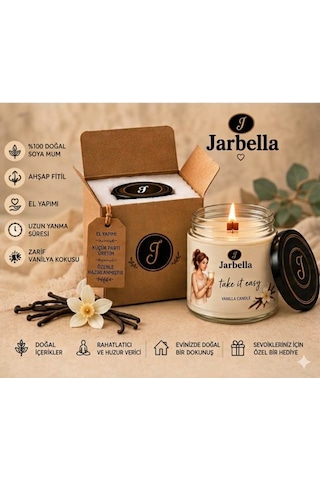 Jarbella, %100 Doğal Soya Mum, 220gr, El Yapımı, Ahşap Fitil, Vanilya Kokulu, Ev Ve Hediye İçin İdeal 001 - Beyaz
