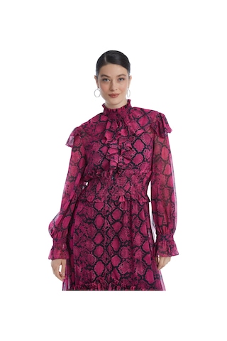 Serpil Exclusive Yılan Derisi Desenli Kadın Elbise - Fırfırlı Yaka - Modern Ve Şık Tasarım - Günlük Ve Özel Gün İçin Elbise Fuşya