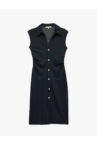 Koton Slim Fit Kolsuz Midi Boy Süslü Düğmeli Kolsuz Çizgili Gömlek Elbise Lacivert Çizgili 7wak80032ek