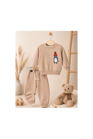 Omeca Concept Penguen Baskılı 2'li Erkek Çocuk Takımı Sweatshirt Ve Jogger Alt Günlük Bebek Eşofman Takımı kahverengi