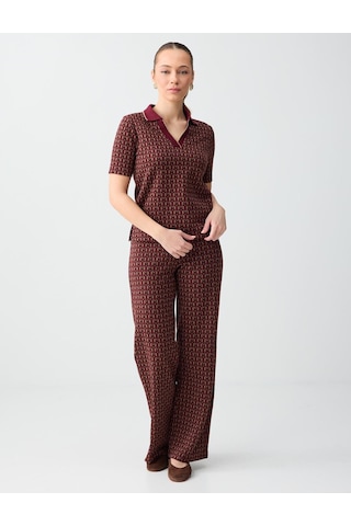 Jimmy Key Jimmy Key Bordo Geometrik Desenli Polo Yaka Kısa Kollu Örme Bluz 6sw036586562