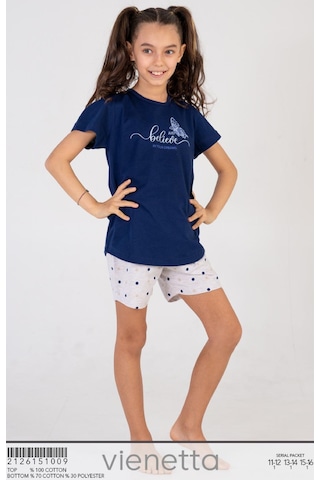 Kız Çocuk Şortlu Pijama Takımı Pamuk Baskılı A12 Lacıvert