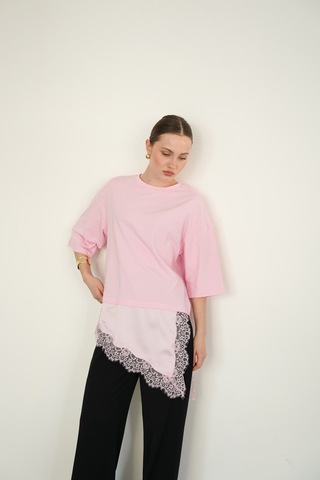 Verymoda Dantel Ve Saten Detaylı Asimetrik Tişört D2942 Pembe