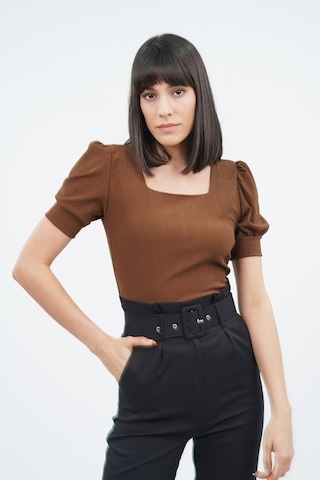 Gabria Kadın Kare Yaka Örme Bluz Kahve (538124459) Kahverengi
