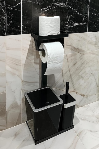 3'ü 1 Arada Banyo Seti Tuvalet Kağıtlık, Çöp Kovası Ve Tuvalet Fırça Takımı Krom Siyah Çok Renkli