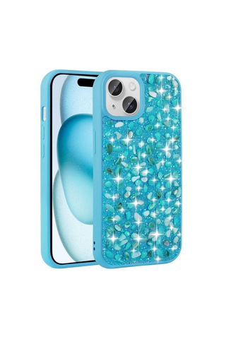 Apple Uyumlu iPhone 15 Plus Kılıf Parlak Taşlı Tasarım Zore Linea Kapak Mavi Açık