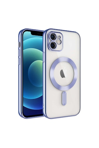 Apple Uyumlu iPhone 11 Mag Safe Özellikli Lens Korumalı Logo Gösteren Şeffaf Silikon Kılıf - Lila