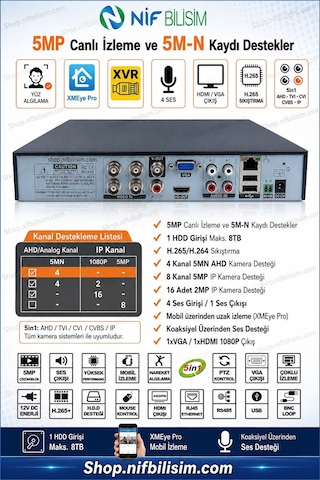 Xmeye 4 Kanal 5mp H.265+ Yüz Algılama Destekli 5in1 Xvr Kayıt Cihazı