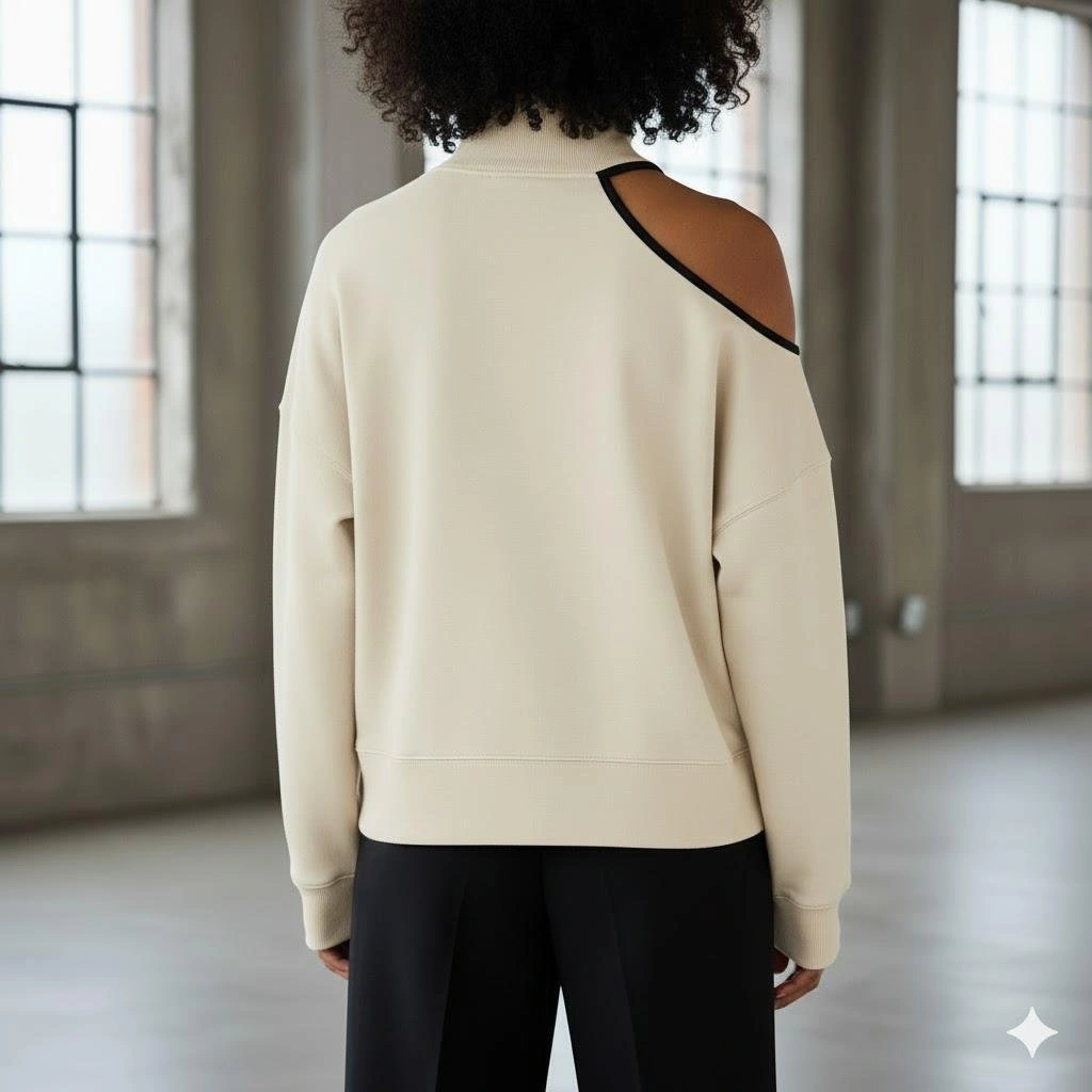 Modern Açık Omuz Tek Omuz Balıkçı Yaka Kadın Sweatshirt - Krem Rengi Krem