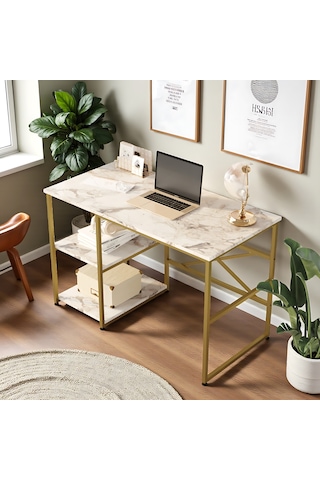 Robin Home Gold Metal Çalışma Masası Raflı 120cm Mermer Desen Mermer