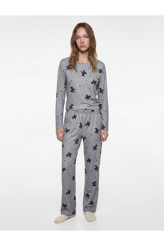 Koton Fiyonk Desenli Rahat Kesim 2'li Pijama Takımı Gri Desenli 6wlk40263mk