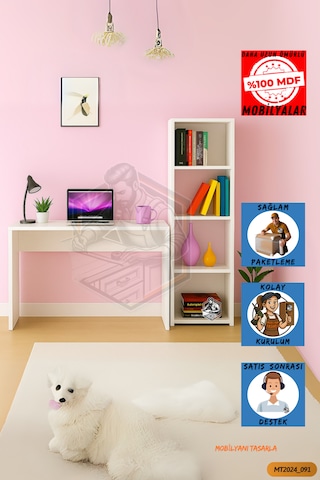 Tamamı Mdf Boy Kitaplıklı 4 Raflı Çalışma Odası Seti
