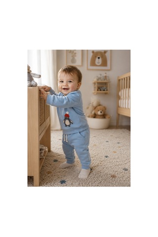 Omeca Concept Penguen Baskılı 2'li Erkek Çocuk Takımı Sweatshirt Ve Jogger Alt Günlük Bebek Eşofman Takımı mavi
