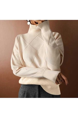 Fastbuy Bej Renk Kadın Büyük Beden Bol Mizaçlı Seyahat Örme Kazak, Yüksek Yaka, Düz Desen Kazak Bej