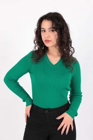 Fashion Friends 23k0289k1 Kadın V Yaka Kazak 23K0289K1-R1938 Yeşil
