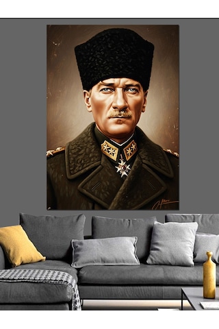 Askeri Kabanlı Mustafa Kemal Atatürk Dekoratif Kanvas - Mdf Ahşap Tablo
