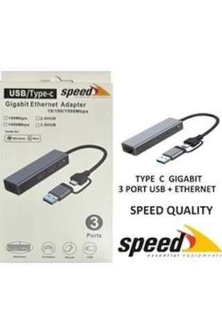 Speed Uet01 10-100-1000 Usb - Type C 3 Port Usb 3.0 Çoklayıcı Gigabit Ethernet Çevirici