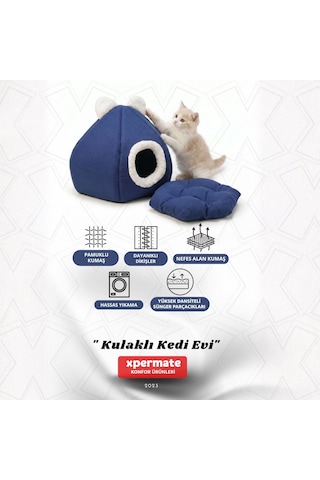 Kedi Evi Yumuşak Kedi Yatağı Kedi Yuvası Çıkarılabilir Minderli Lacivert
