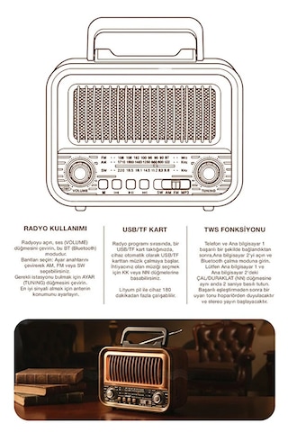 Ahşap Tasarım Retro Nostaljik Hoparlör Şarj Edilebilir Fm/am/sw Bluetooth Radyo