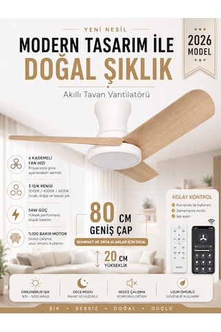 80 Cm Akıllı Tavan Vantilatörü Led Aydınlatmalı Kumandalı & Telefon Kontrollü, 6 Hız, 3 Işık Rengi, Yaz/kış Modu, Sessiz Motor