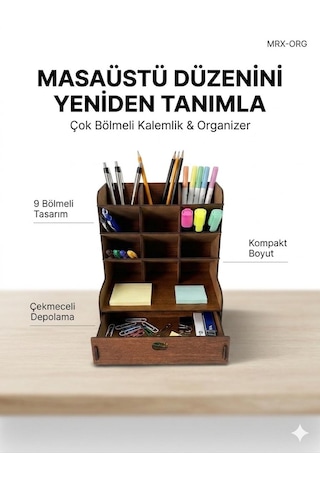 Mrx-org Masaüstü Organizer 9 Bölmeli Kalemlik, Çekmeceli Masa Düzenleyici, Ahşap Ofis Organizer Ceviz