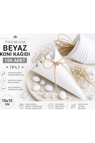 Premium Beyaz Koni Kağıdı 100 Adet İpli Hediyelik İkram Ve Şeker