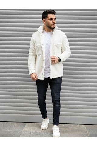 Stıll Giyim Unisex Normal Kalıp Cep Detaylı Düğmeli Pelüş Ceket Beyaz
