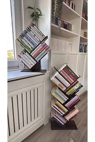 Büyük Boy Geometrik Ağaç Kitaplık, 8 Raflı Tasarım Abanoz - Beyaz