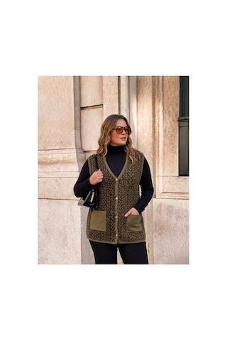 Onno Style Women Çelik Örgü Klasik Leopar Desen Triko Yelek Bej