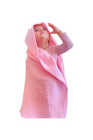 4 Katlı Müslin Kapşonlu Bebek Çocuk Banyo Havlusu Kundak Pembe