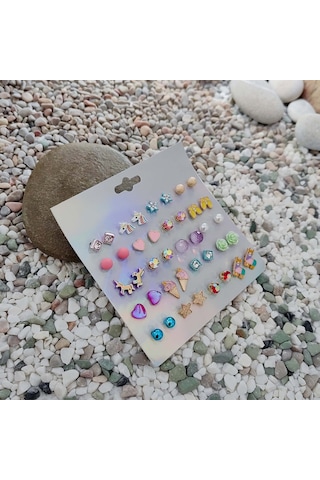 Chavin Çocuk Genç 20 Çift Mineli Figür Küpe Seti Er12 Çok Renkli