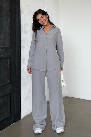 Madmext Boyalı Gri Keten Kadın Gömlek Pantolon İkili Takım Mg2356 Boyalı Gri