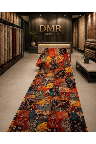 Dmr Halıcılık Klim Desenli Otantik Renkli Modern Kaymaz Taban Salon Hol, Koridor Mutfak Yıkanabilir Jel Kesme Yolluk Kirmizi