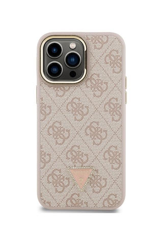 Apple iPhone 14 Pro Max Uyumlu Kılıf Guess Lisanslı Üçgen Logo 4g Desenli Kamera Standlı Kapak Pembe