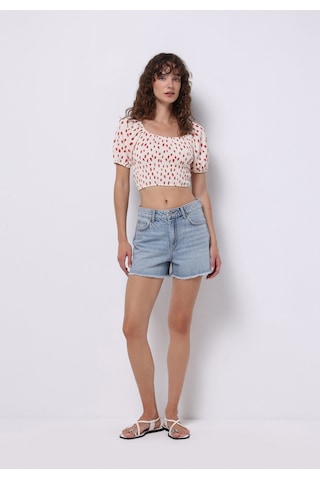 Colins Slim Fit Kare Yaka Baskılı Kadın Ekru Balon Kol Tişört Cl1074581 Q1.v1 Ecr Ekru