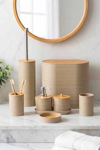 Porsima 4533 8 Parça Banyo Seti - Bambu Kapaklı Çöp Kovası, Sabunluk, Diş Fırçalığı Ve Wc Fırçası Kapicino Açık Kahverengi