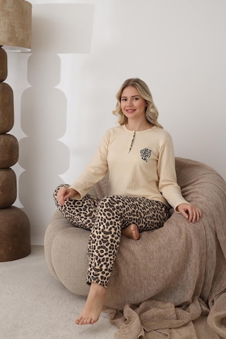 Lindros Kadın Pamuk'lu Düğme Yaka Raporlu İnterlok Kışlık Pijama Takımı 06043 - 1 Adet Ekru