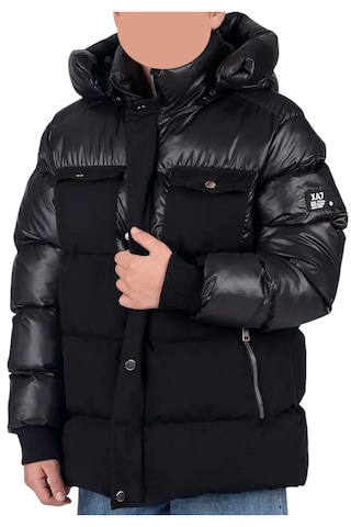 Erkek Çocuk Önü Çift Kapak Cepli Kapüşonu Çıkabilen İçi Peluş Astarlı Siyah Renk Mont Siyah