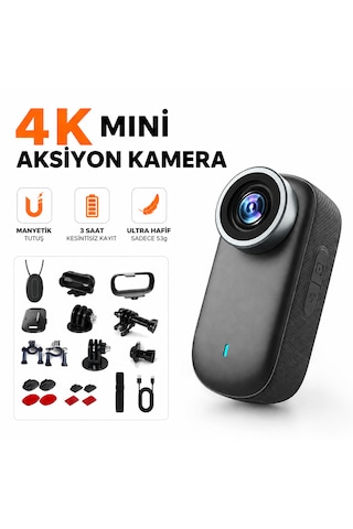 4k Mini Aksiyon Kamera Manyetik Gövde Wifi Destekli Ultra Kompakt Vlog Spor Kamerası Siyah
