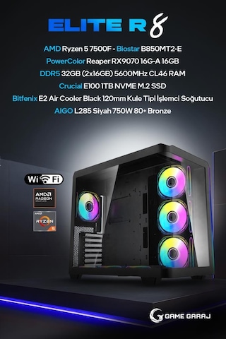 Game Garaj ELITE-R8 R5-7500F RX9070 32 GB 1 TB SSD Free Dos Oem Paket Masaüstü Oyuncu Bilgisayarı