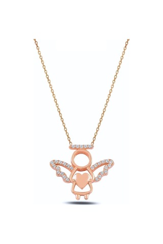 Altın Kalpli Melek Gümüş Kolye Rose Gold