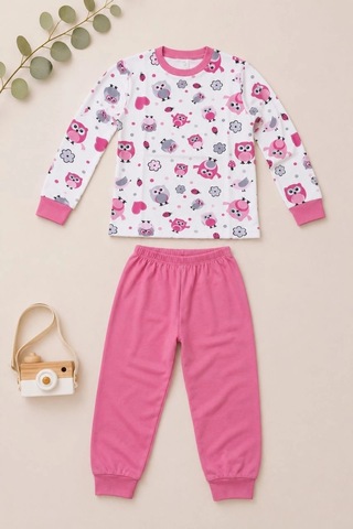 Ertaş Trend Store Kız Çocuk Premium Penye Baykuş Desenli Uzun Kollu Pijama Takımı 2-11 Yaş - Pembe Çok Renkli
