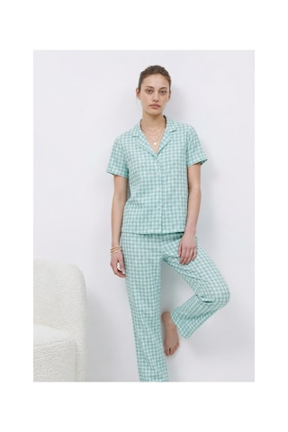 Fit Women V Yaka Kapama Lastik Bel Su Yeşili Pijama Takımı