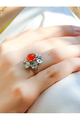 Esha Store Doğal Taş Akik Doğal Taşlı Çiçek Model Telkari Kadın Ayarlanabilir Gümüş Kaplama Yüzük Euy61ar Kırmızı